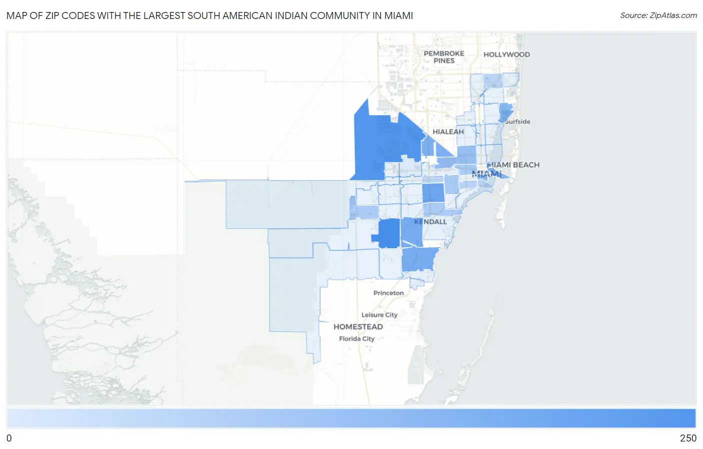 Zip Codes with the Largest South American Indian Community in Miami Map