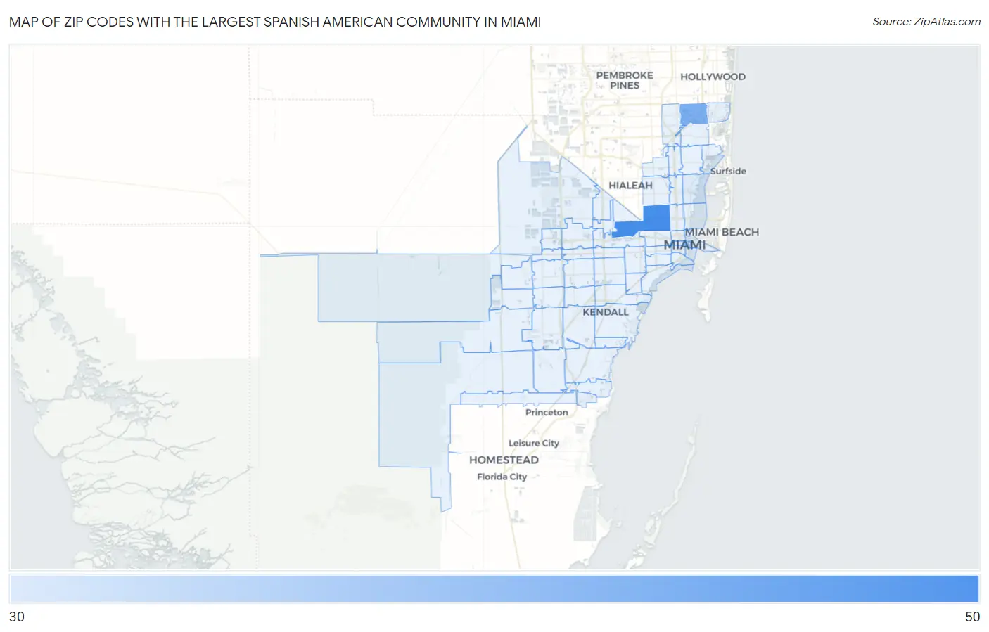 Zip Codes with the Largest Spanish American Community in Miami Map