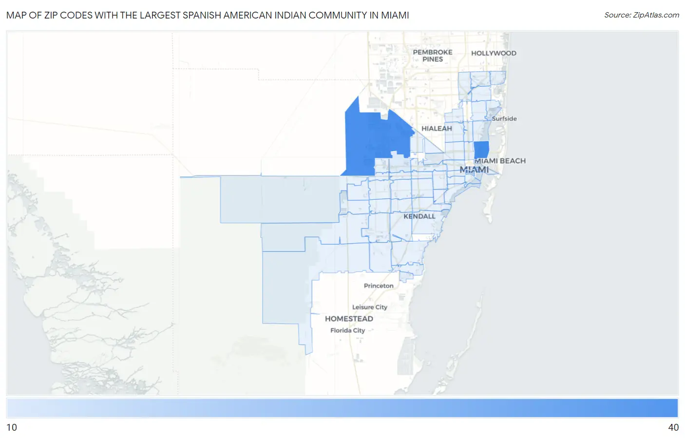 Zip Codes with the Largest Spanish American Indian Community in Miami Map
