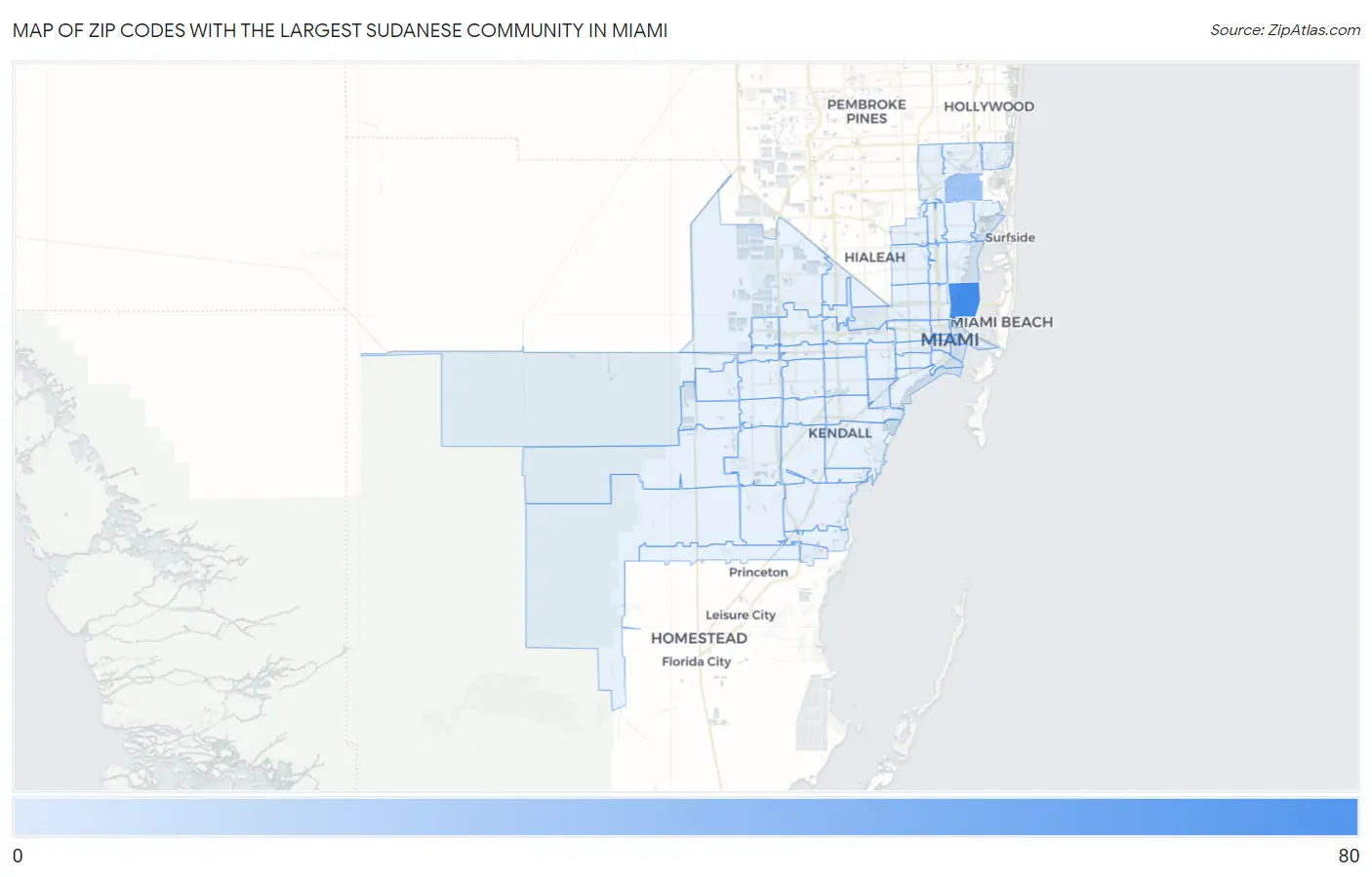 Zip Codes with the Largest Sudanese Community in Miami Map