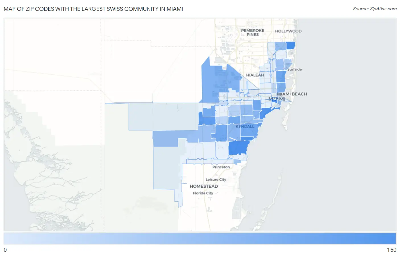 Zip Codes with the Largest Swiss Community in Miami Map