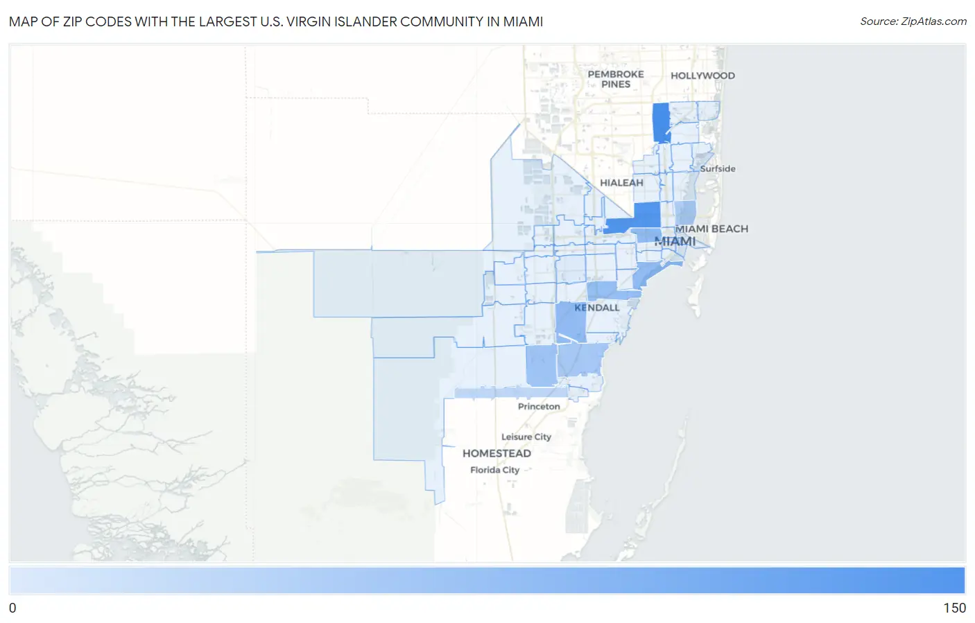 Zip Codes with the Largest U.S. Virgin Islander Community in Miami Map