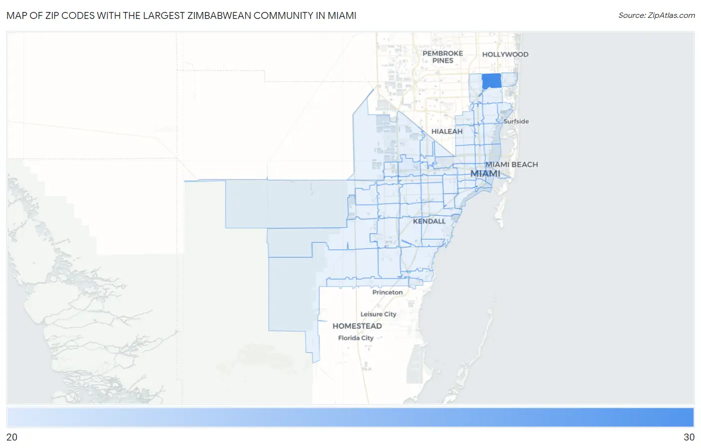 Zip Codes with the Largest Zimbabwean Community in Miami Map
