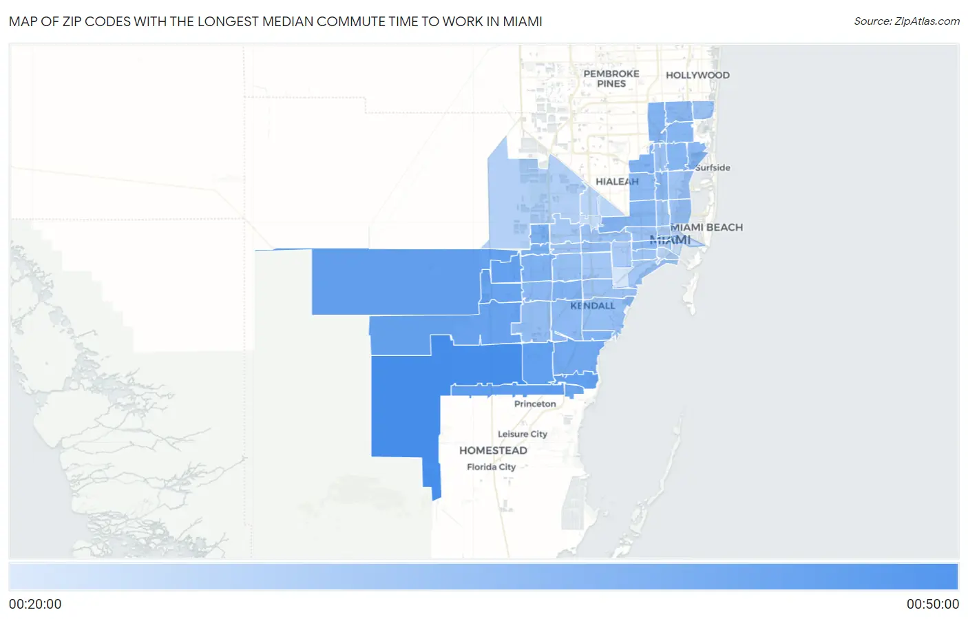 Zip Codes with the Longest Median Commute Time to Work in Miami Map
