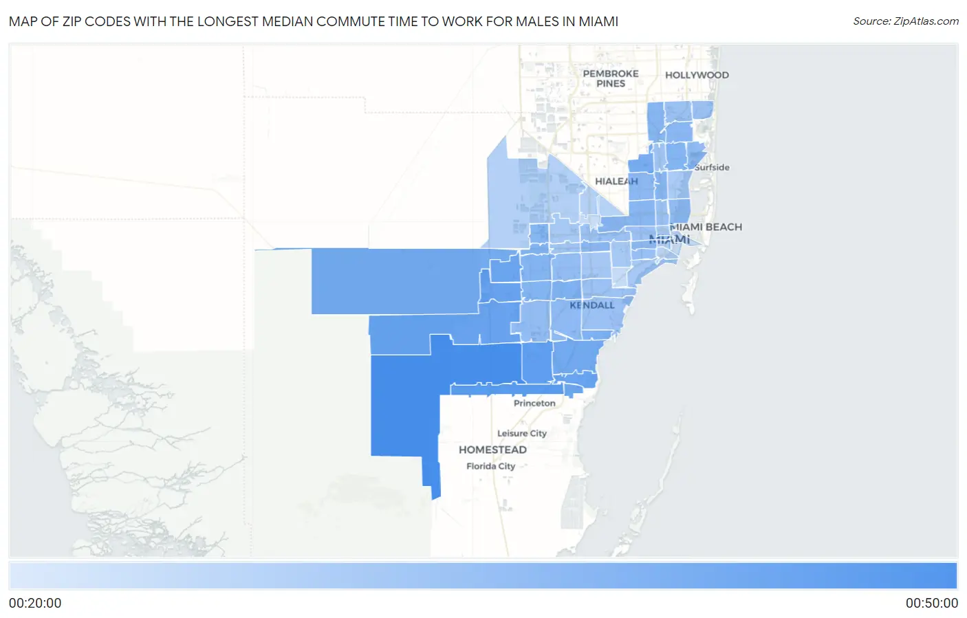 Zip Codes with the Longest Median Commute Time to Work for Males in Miami Map