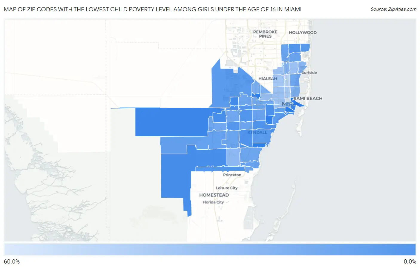 Zip Codes with the Lowest Child Poverty Level Among Girls Under the Age of 16 in Miami Map