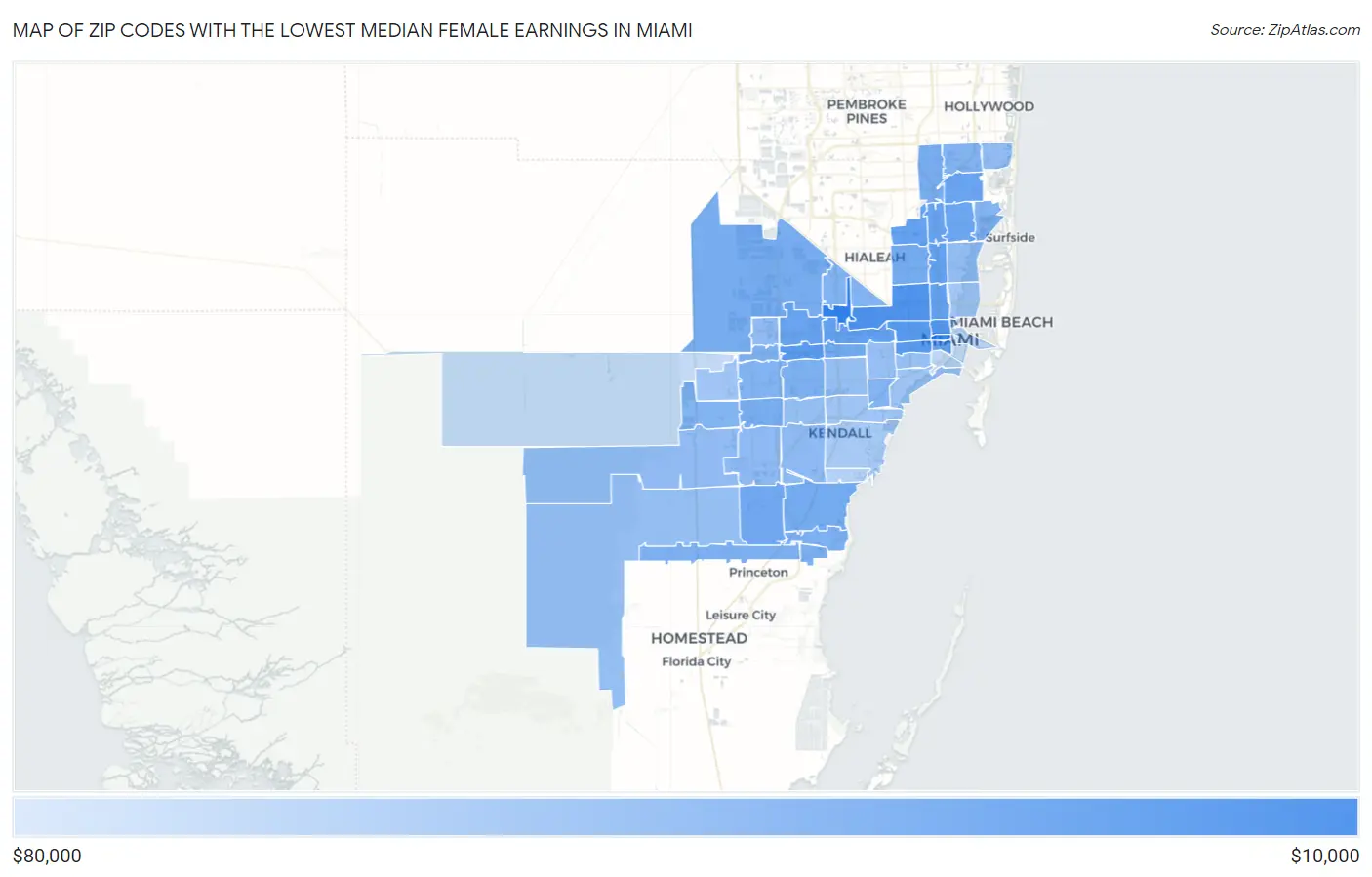 Zip Codes with the Lowest Median Female Earnings in Miami Map