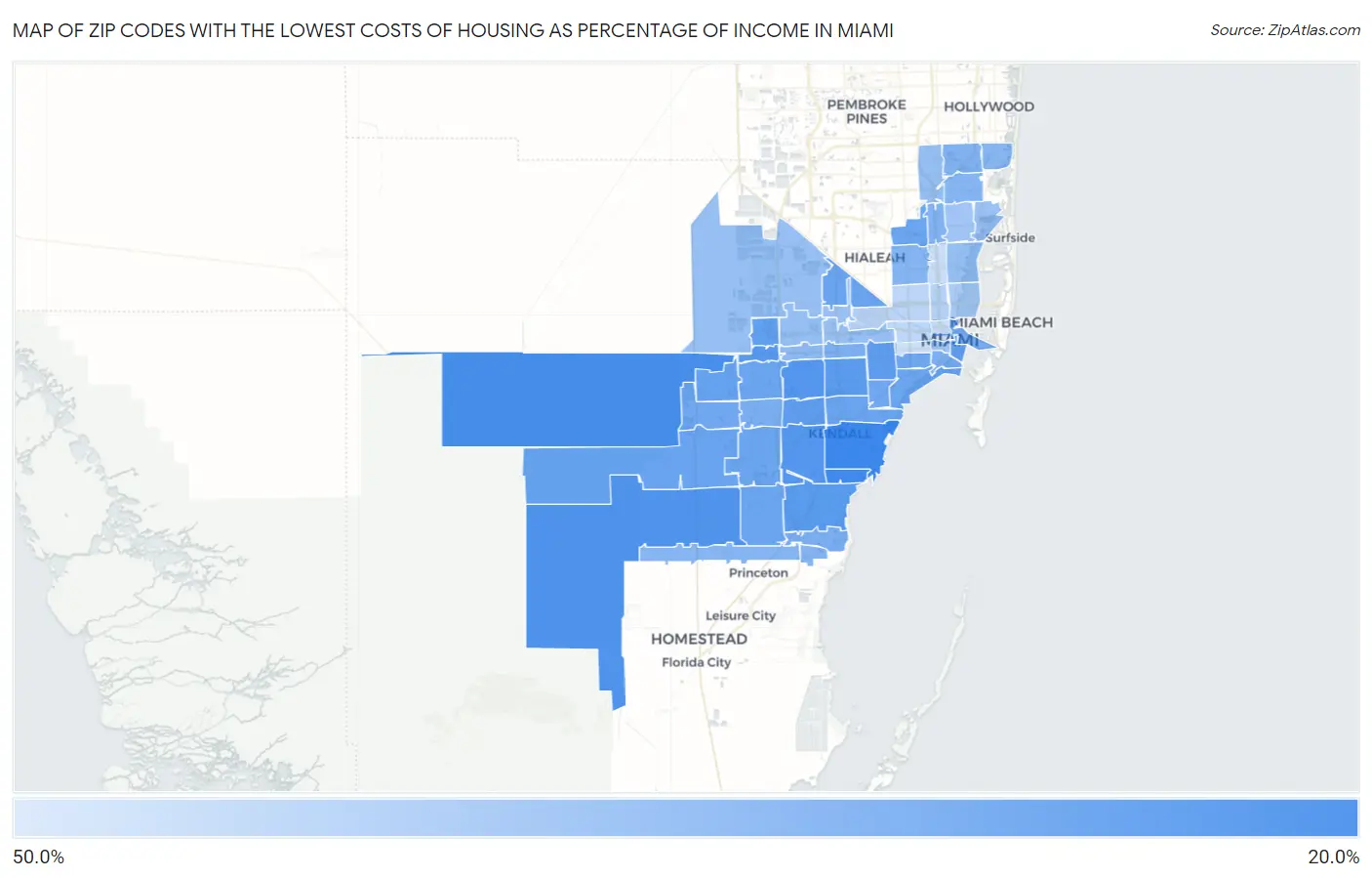 Zip Codes with the Lowest Costs of Housing as Percentage of Income in Miami Map