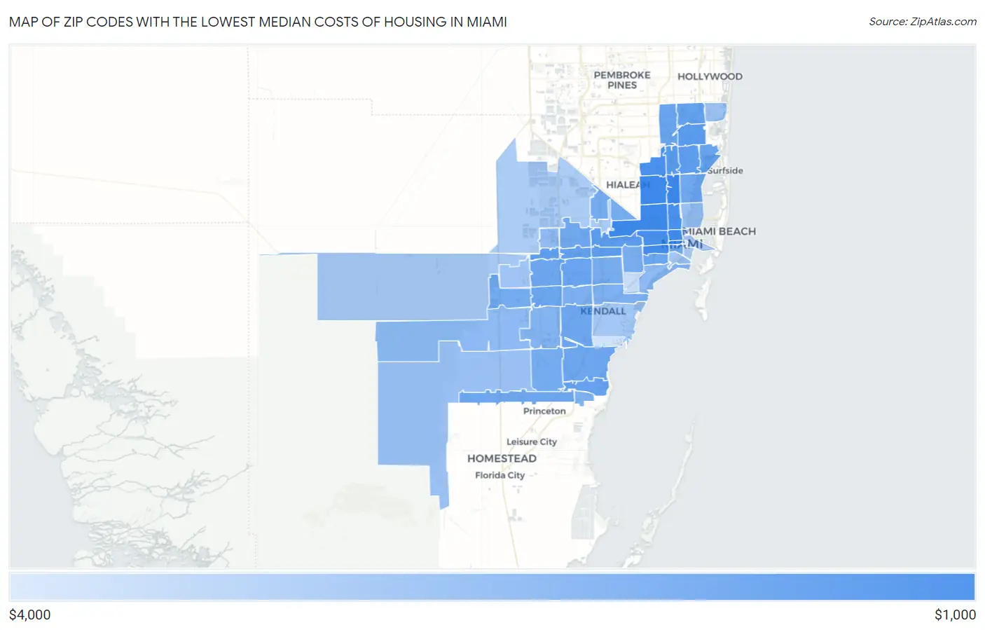 Zip Codes with the Lowest Median Costs of Housing in Miami Map
