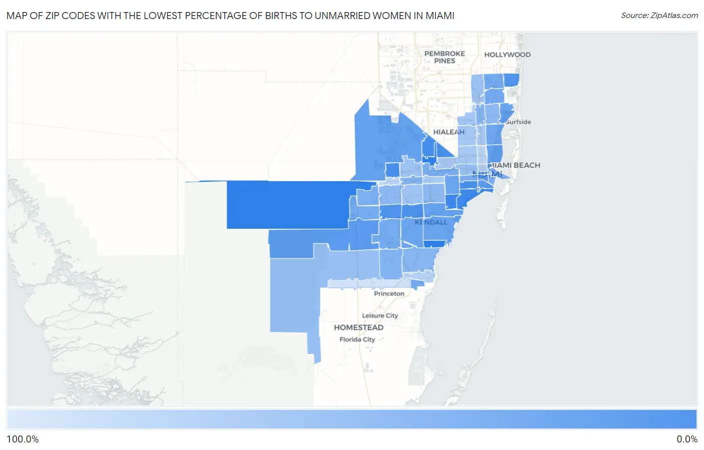 Zip Codes with the Lowest Percentage of Births to Unmarried Women in Miami Map