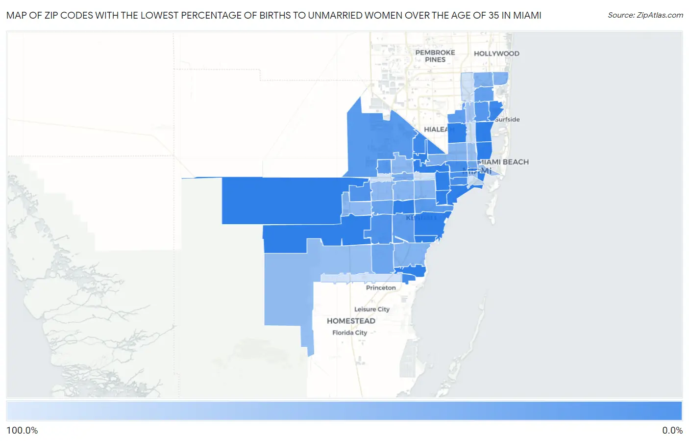 Zip Codes with the Lowest Percentage of Births to Unmarried Women over the Age of 35 in Miami Map