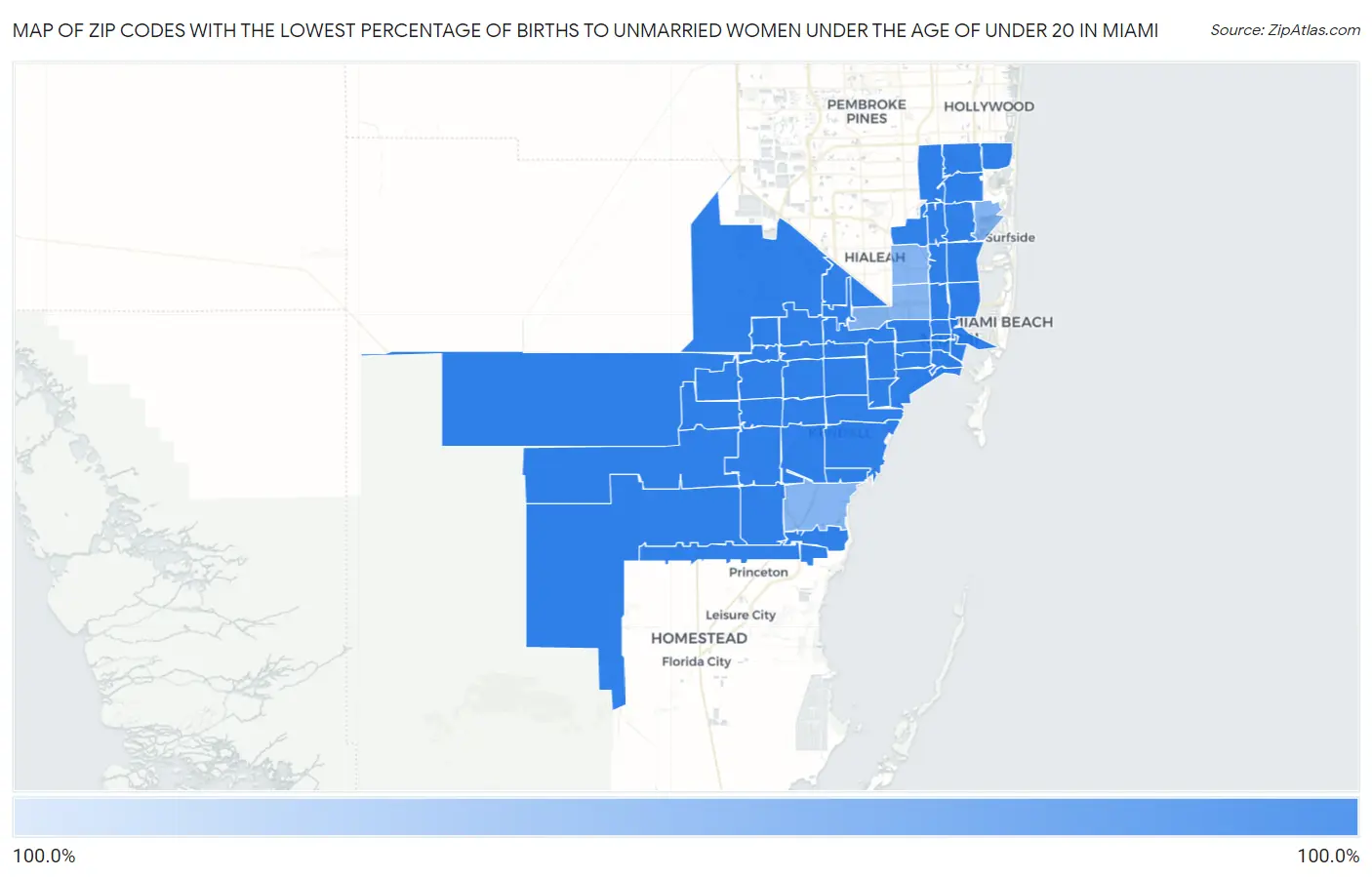 Zip Codes with the Lowest Percentage of Births to Unmarried Women under the Age of under 20 in Miami Map