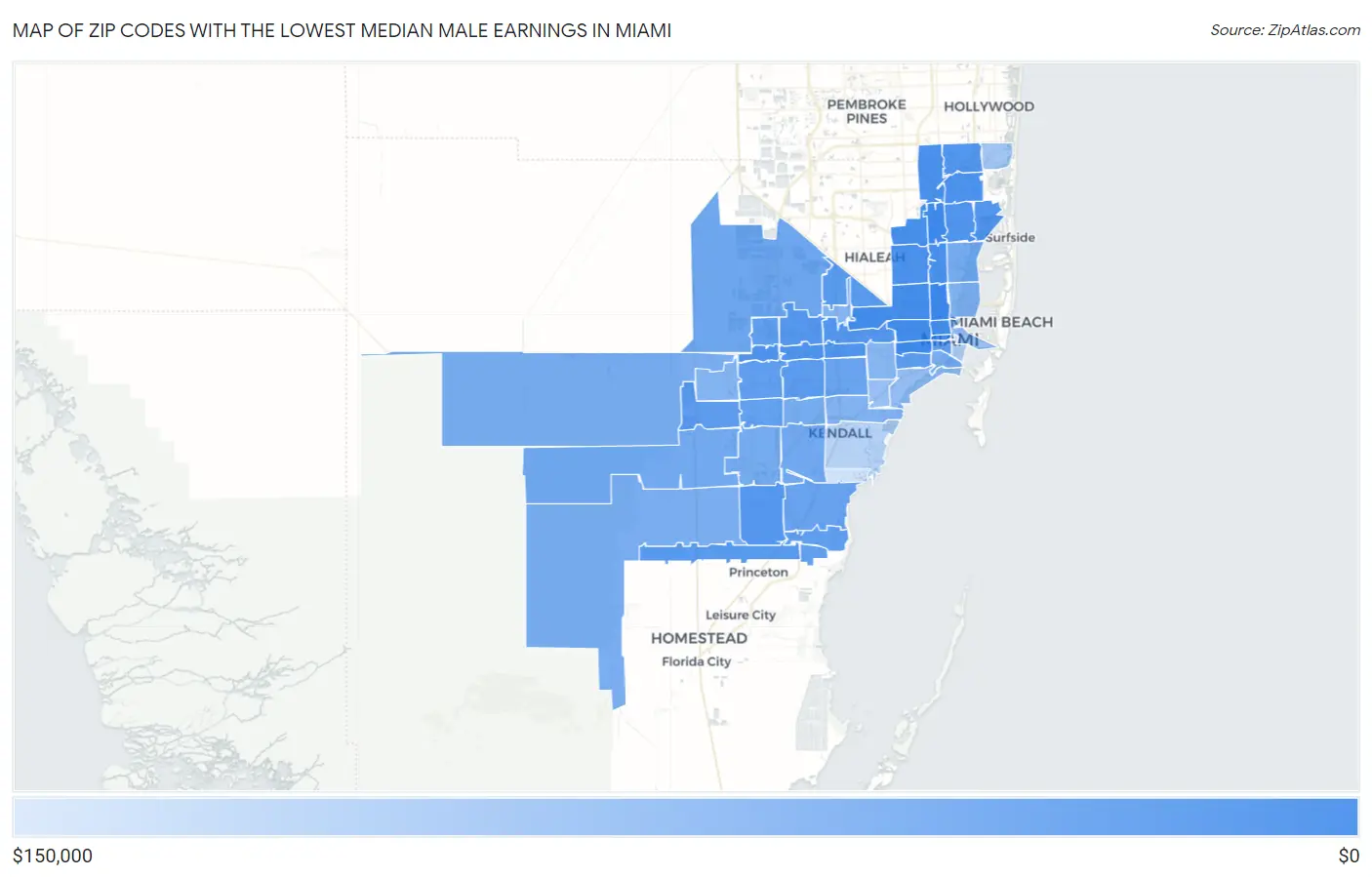 Zip Codes with the Lowest Median Male Earnings in Miami Map