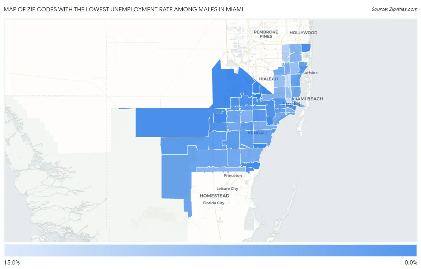 Zip Codes with the Lowest Unemployment Rate Among Males in Miami Map