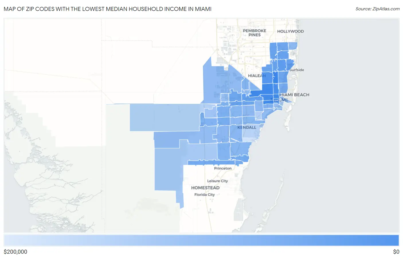 Zip Codes with the Lowest Median Household Income in Miami Map