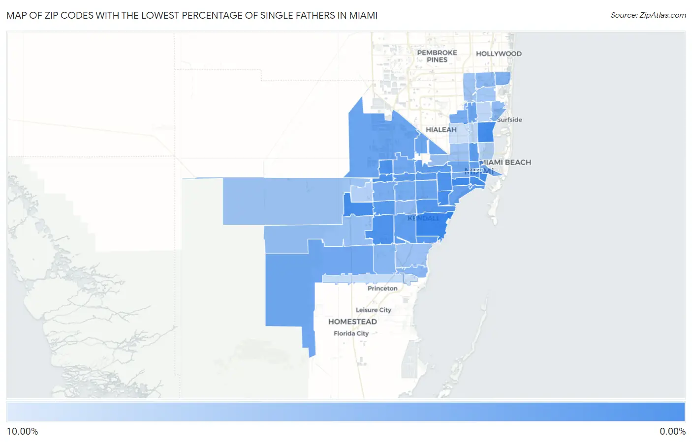 Zip Codes with the Lowest Percentage of Single Fathers in Miami Map