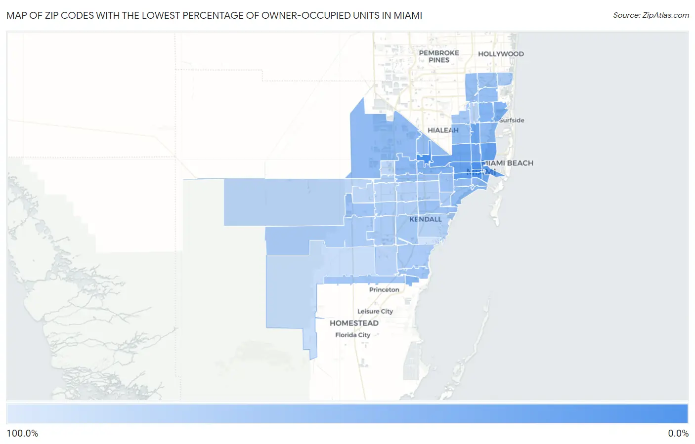 Zip Codes with the Lowest Percentage of Owner-Occupied Units in Miami Map