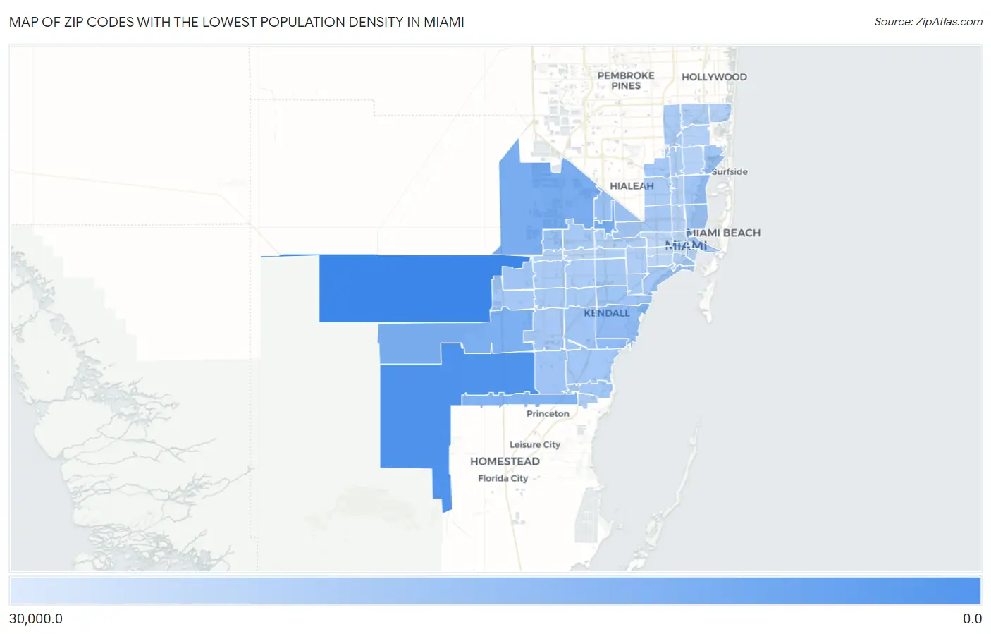 Zip Codes with the Lowest Population Density in Miami Map