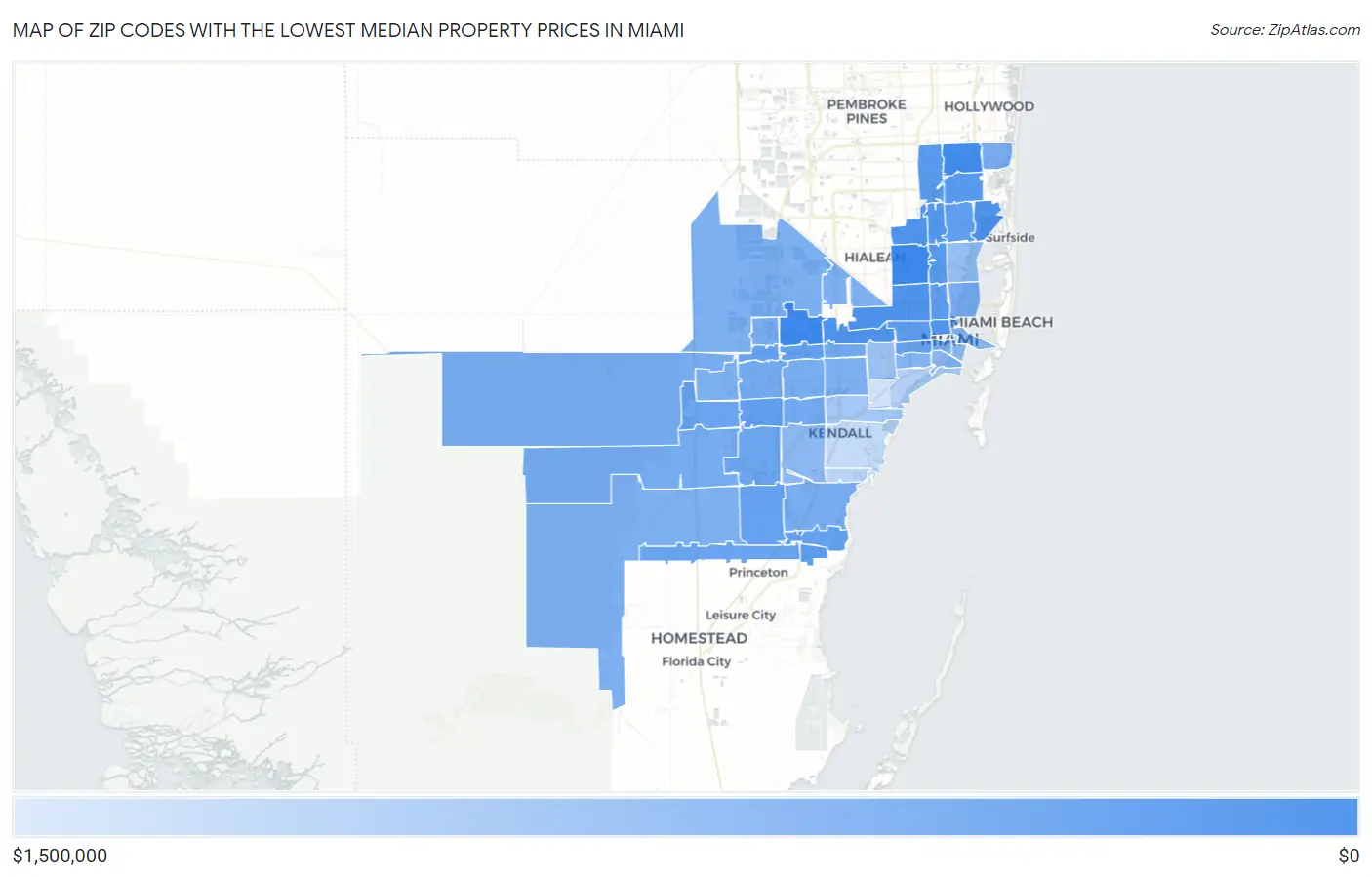 Zip Codes with the Lowest Median Property Prices in Miami Map