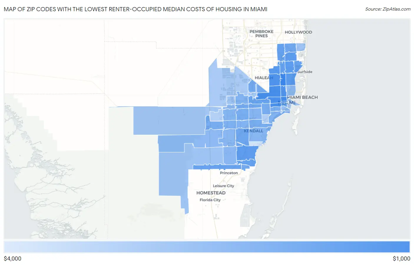 Zip Codes with the Lowest Renter-Occupied Median Costs of Housing in Miami Map