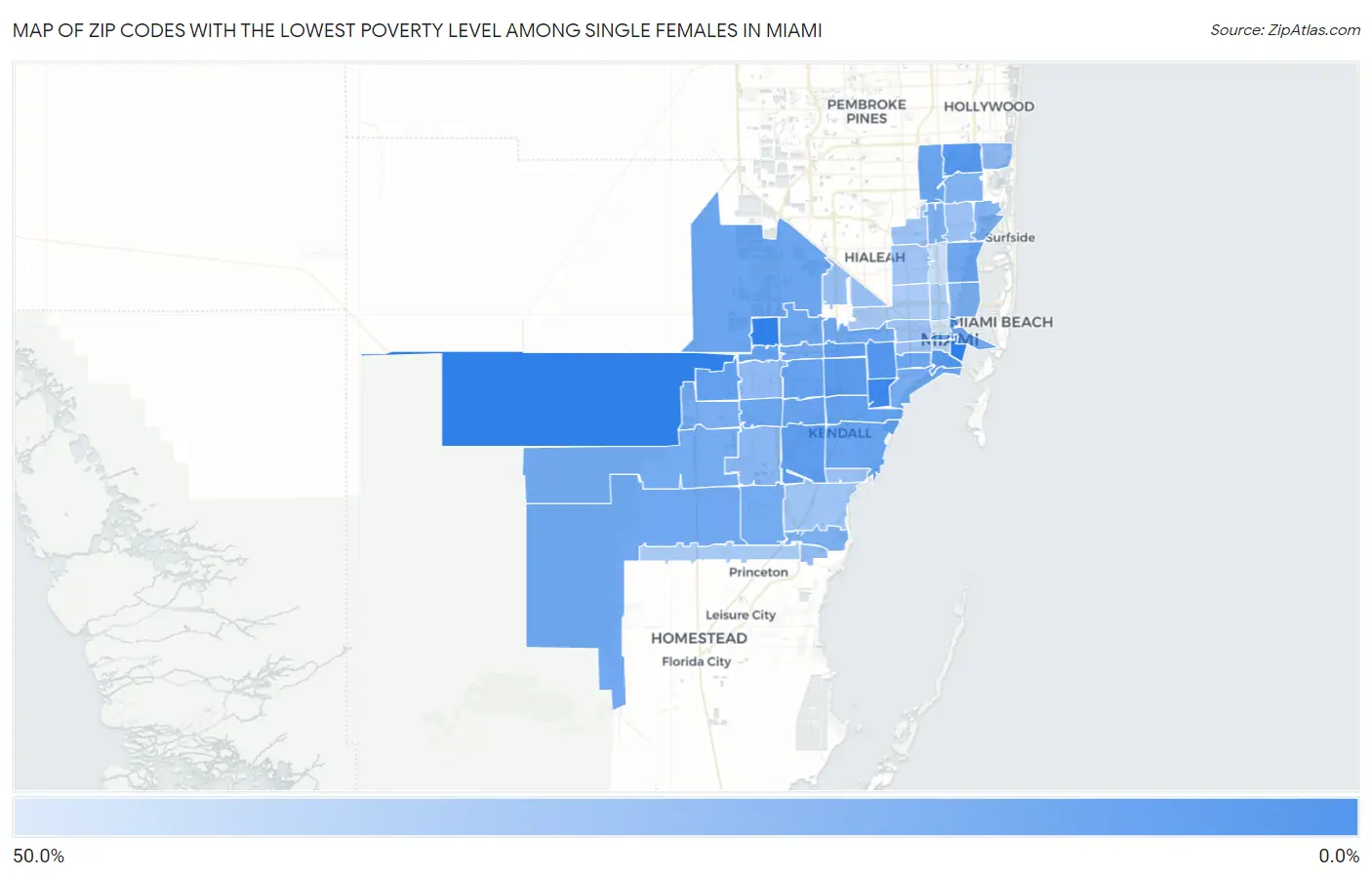 Zip Codes with the Lowest Poverty Level Among Single Females in Miami Map
