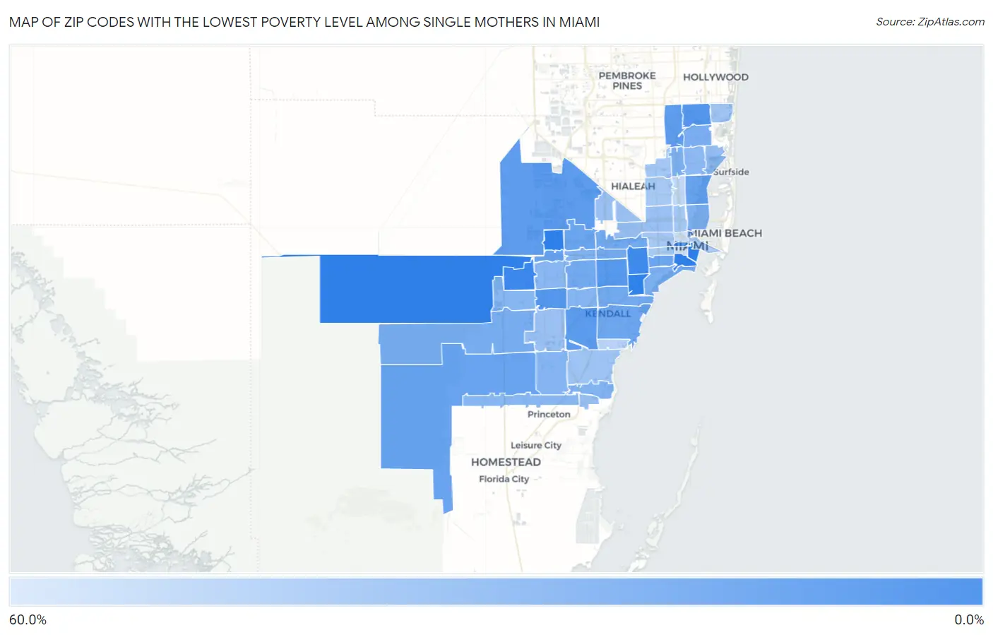Zip Codes with the Lowest Poverty Level Among Single Mothers in Miami Map