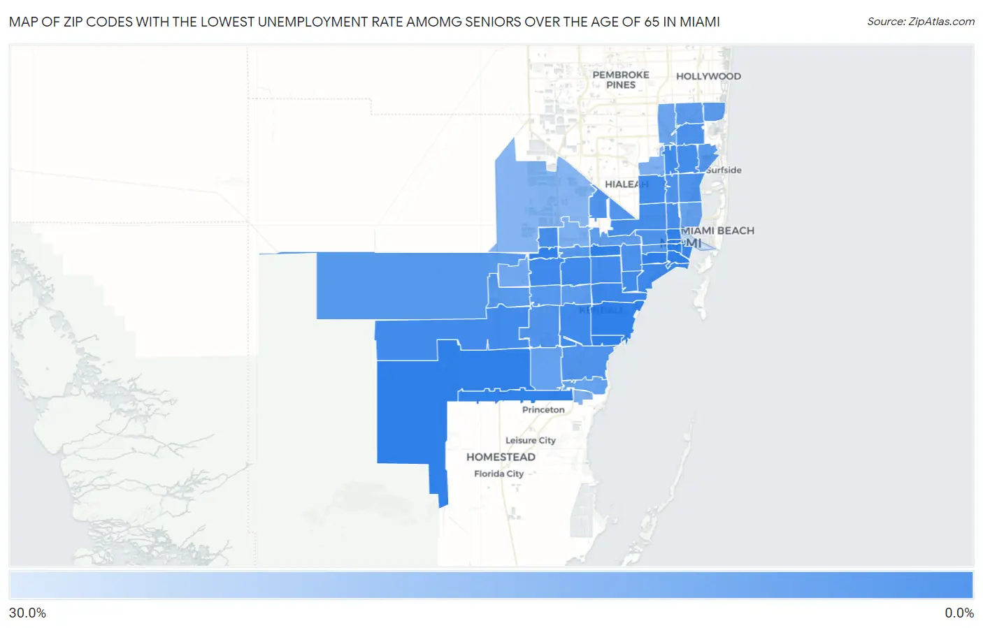 Zip Codes with the Lowest Unemployment Rate Amomg Seniors Over the Age of 65 in Miami Map