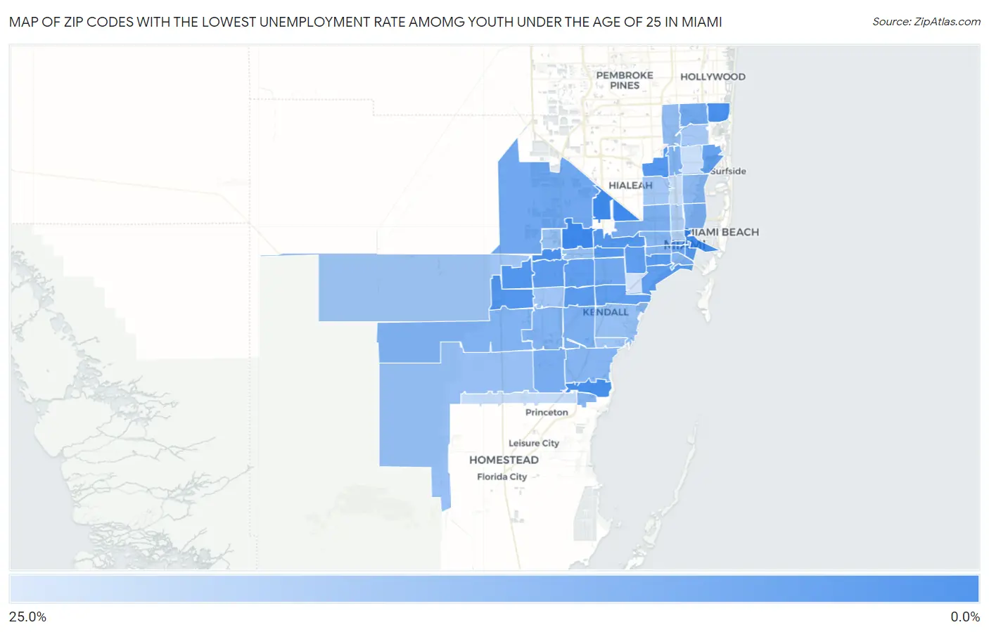 Zip Codes with the Lowest Unemployment Rate Amomg Youth Under the Age of 25 in Miami Map