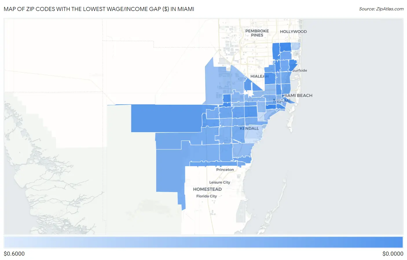 Zip Codes with the Lowest Wage/Income Gap ($) in Miami Map
