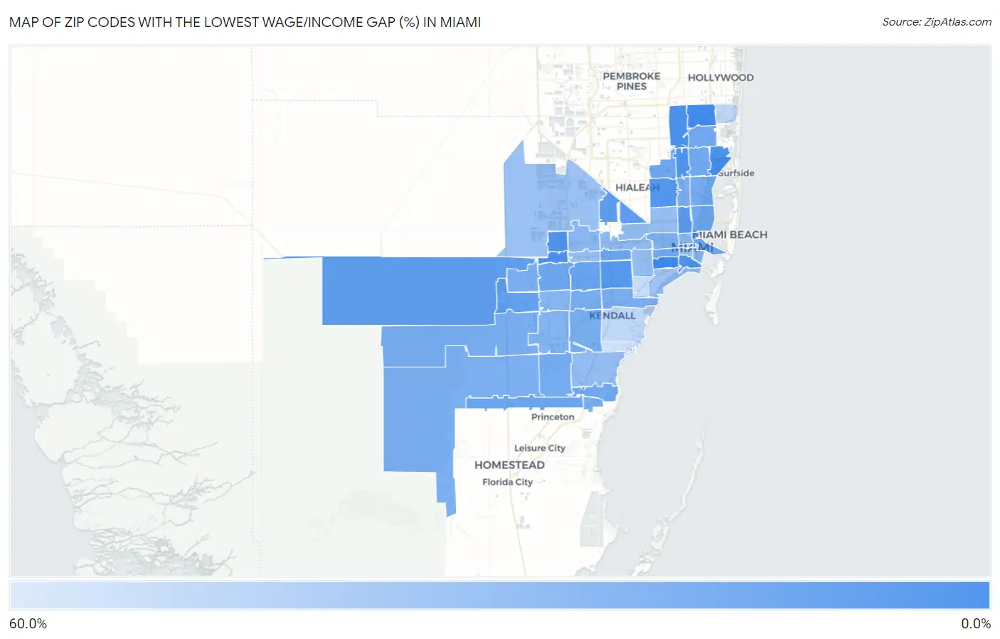 Zip Codes with the Lowest Wage/Income Gap (%) in Miami Map