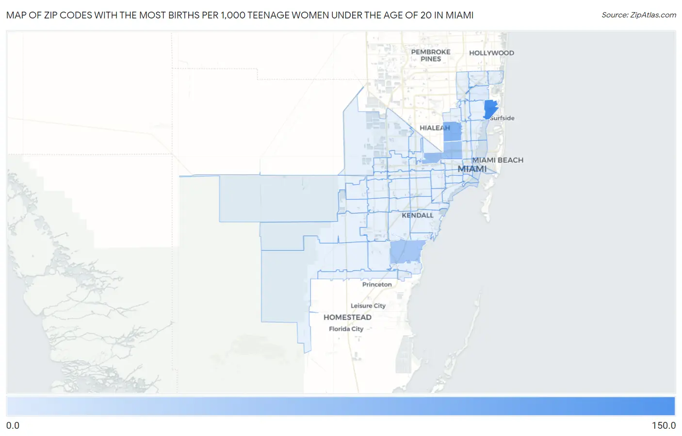 Zip Codes with the Most Births per 1,000 Teenage Women Under the Age of 20 in Miami Map