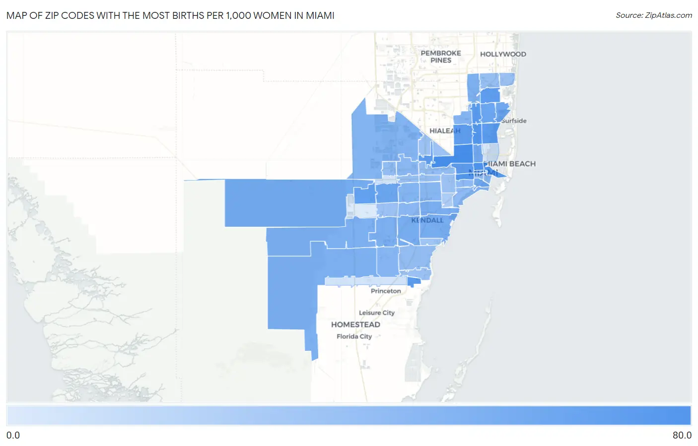 Zip Codes with the Most Births per 1,000 Women in Miami Map