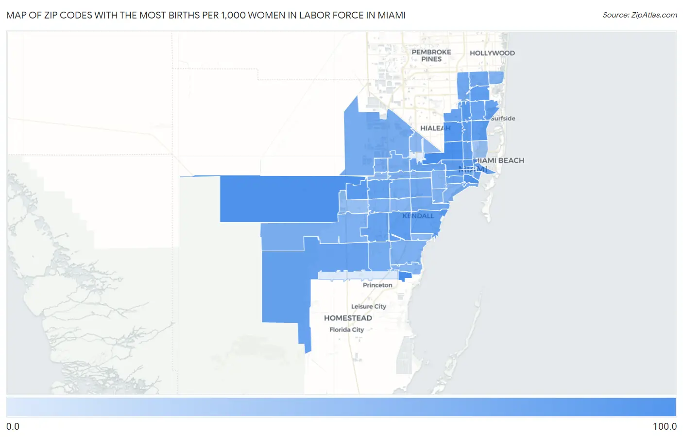 Zip Codes with the Most Births per 1,000 Women in Labor Force in Miami Map