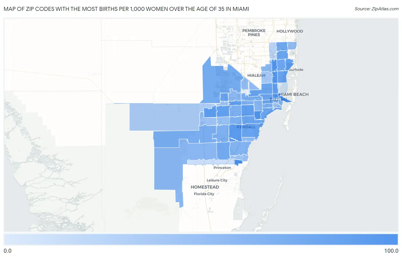 Zip Codes with the Most Births per 1,000 Women Over the Age of 35 in Miami Map