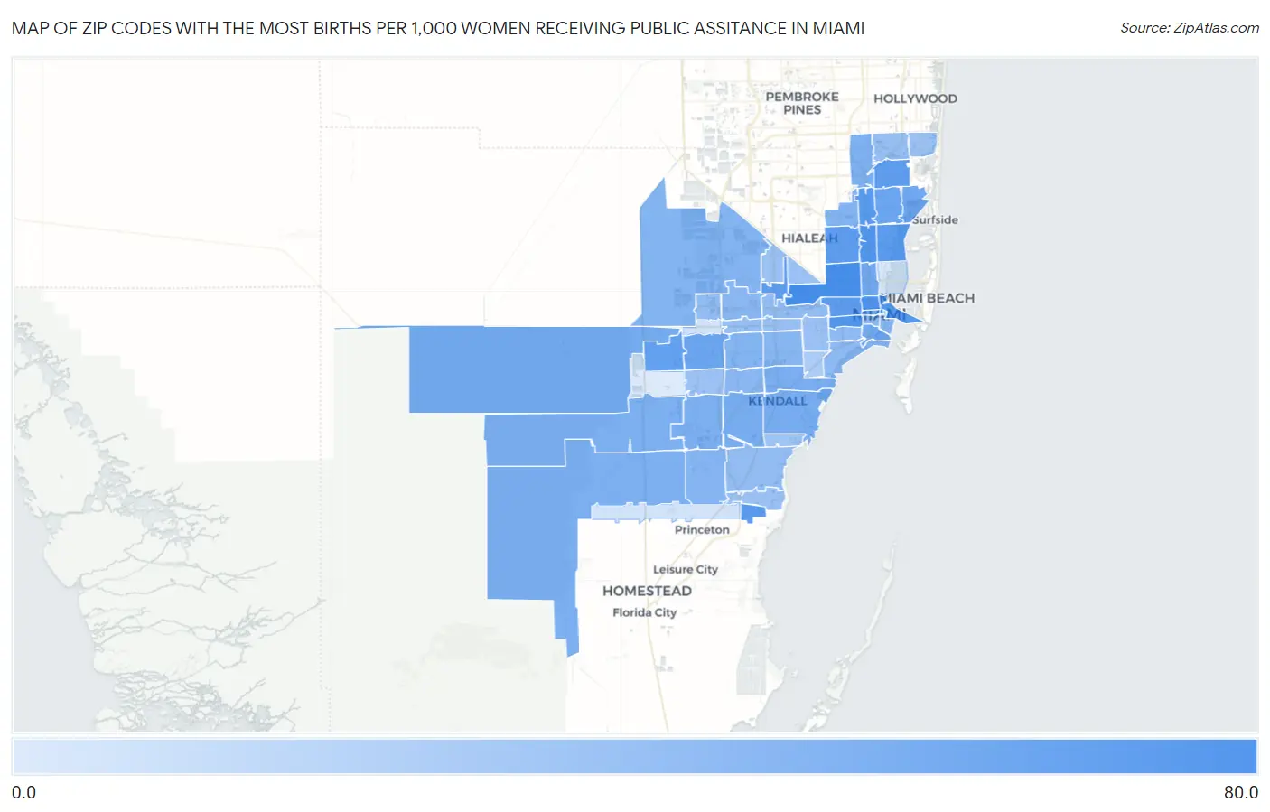 Zip Codes with the Most Births per 1,000 Women Receiving Public Assitance in Miami Map