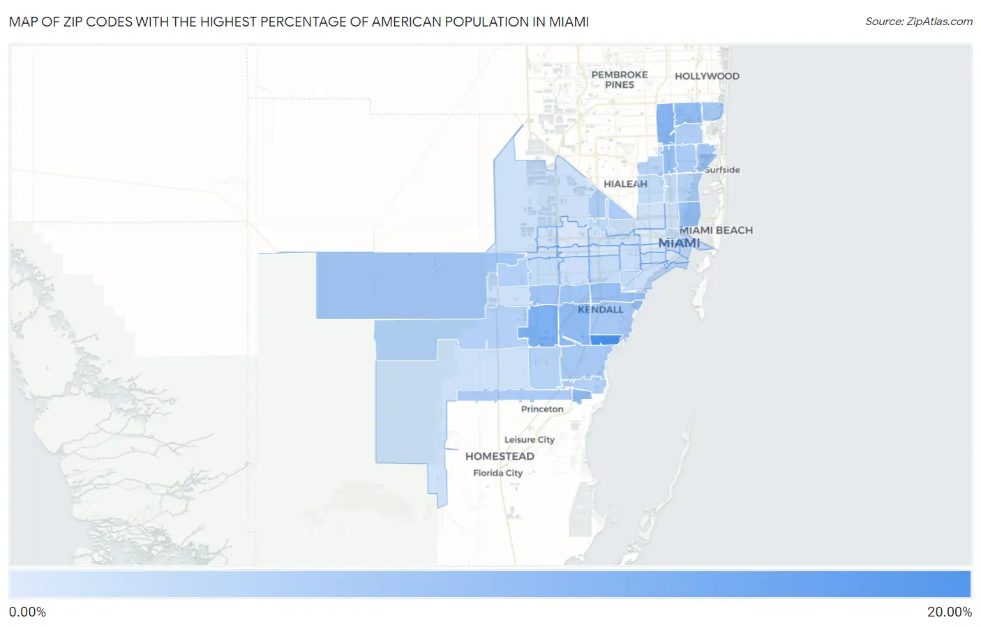 Zip Codes with the Highest Percentage of American Population in Miami Map