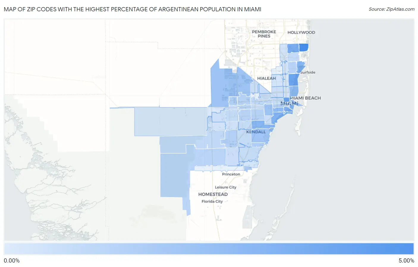 Zip Codes with the Highest Percentage of Argentinean Population in Miami Map