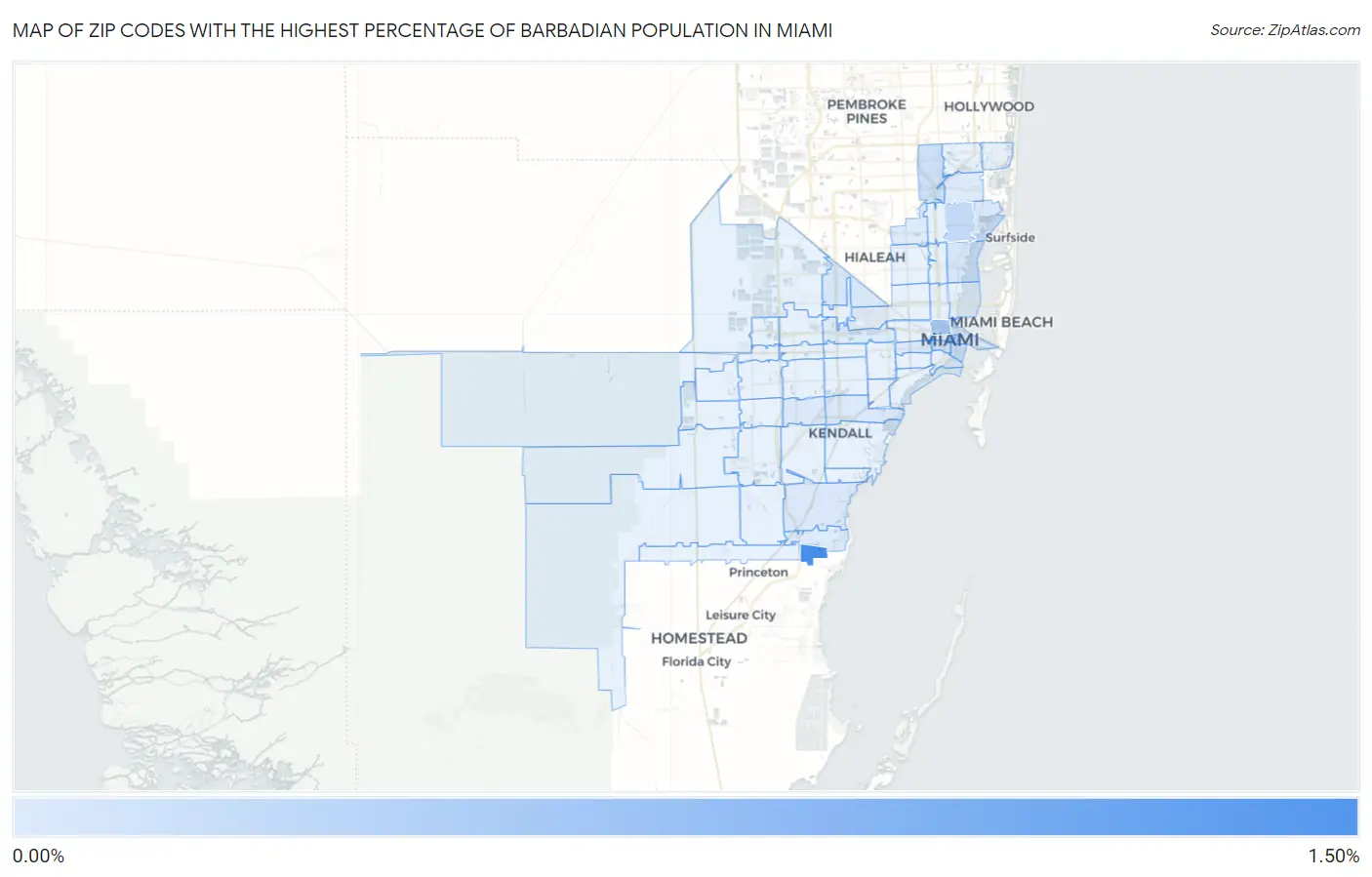 Zip Codes with the Highest Percentage of Barbadian Population in Miami Map