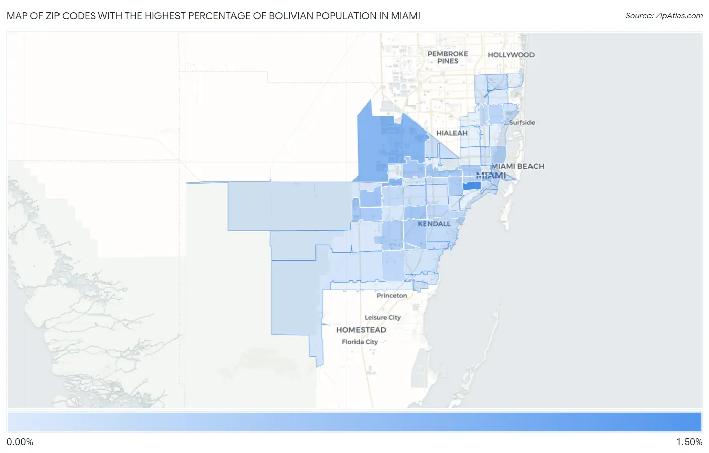 Zip Codes with the Highest Percentage of Bolivian Population in Miami Map