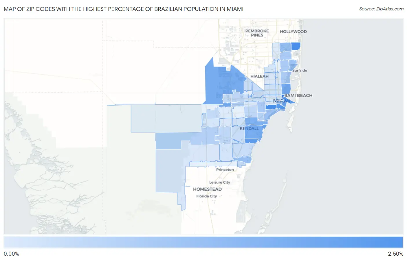 Zip Codes with the Highest Percentage of Brazilian Population in Miami Map
