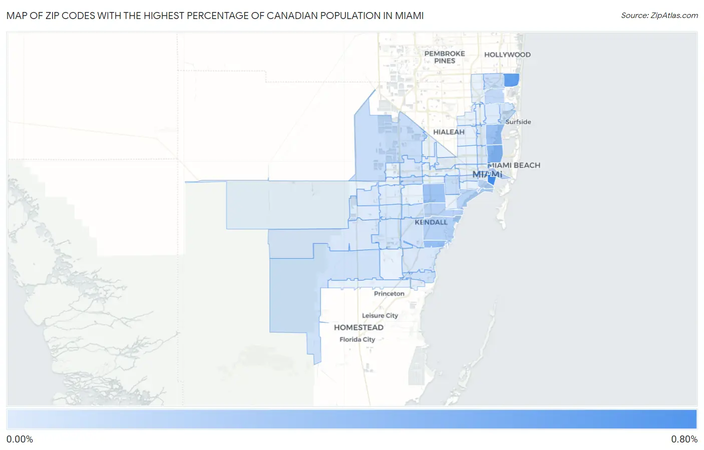 Zip Codes with the Highest Percentage of Canadian Population in Miami Map