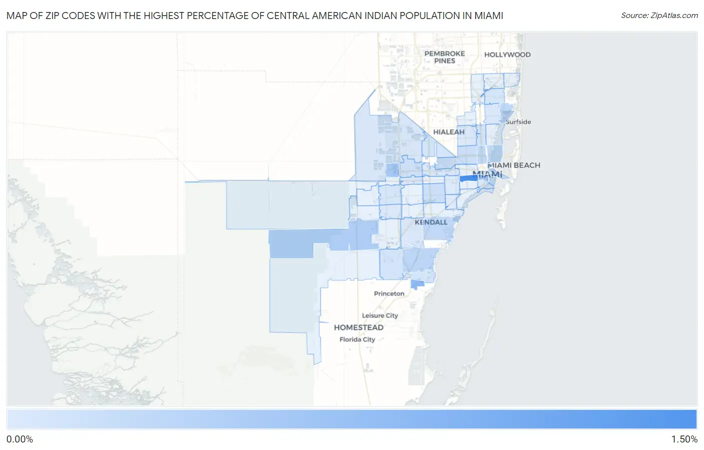 Zip Codes with the Highest Percentage of Central American Indian Population in Miami Map