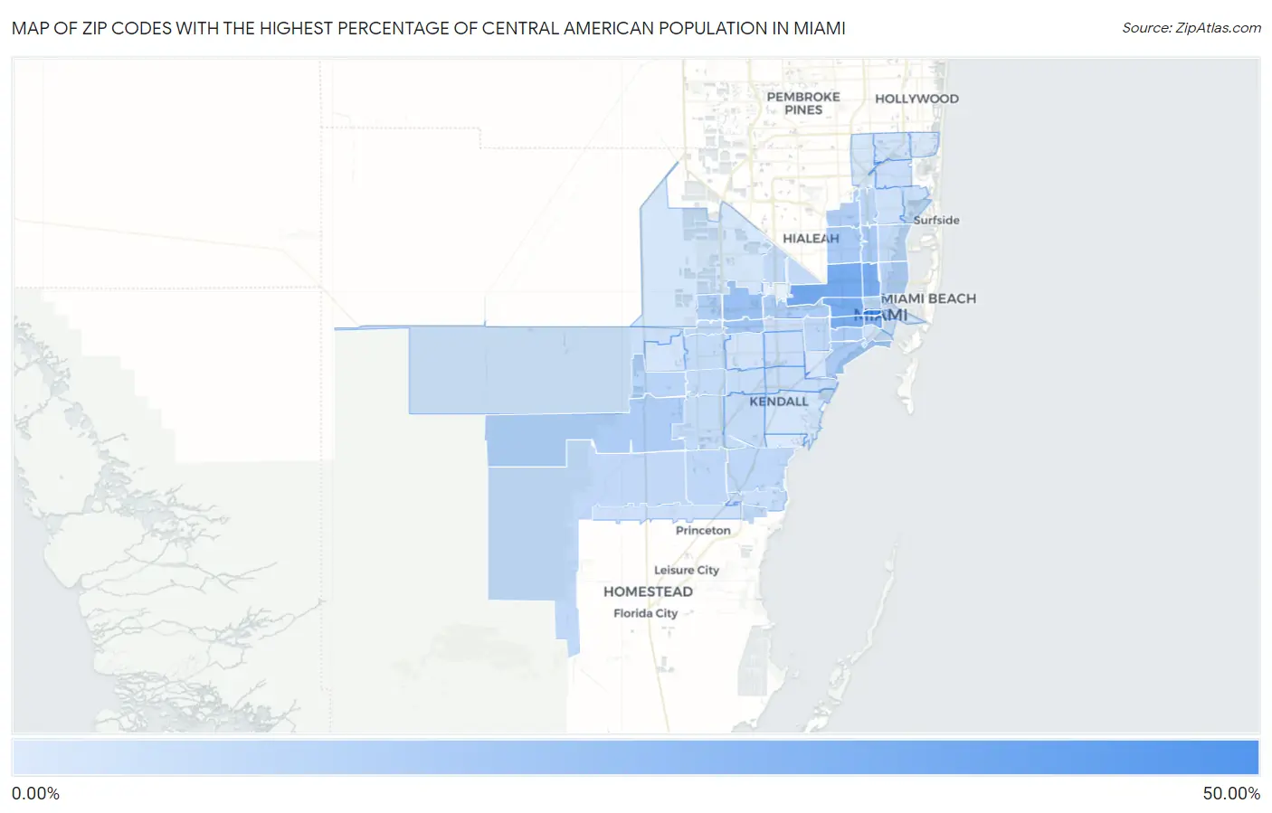 Zip Codes with the Highest Percentage of Central American Population in Miami Map