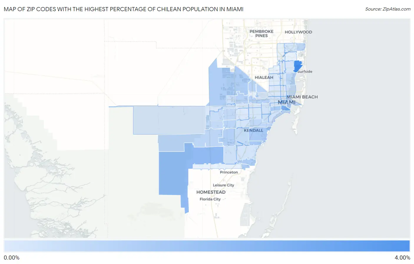 Zip Codes with the Highest Percentage of Chilean Population in Miami Map