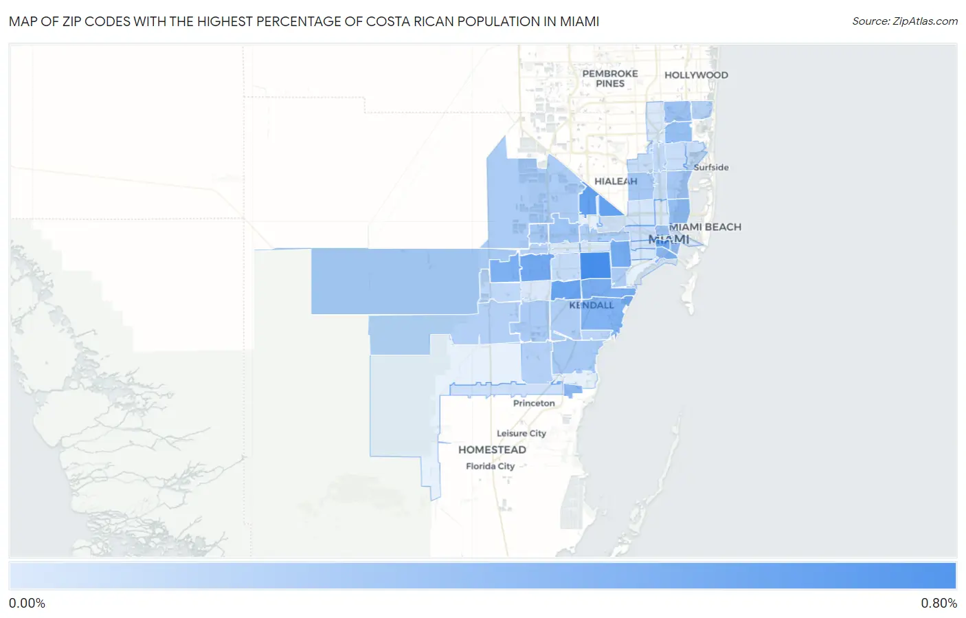Zip Codes with the Highest Percentage of Costa Rican Population in Miami Map