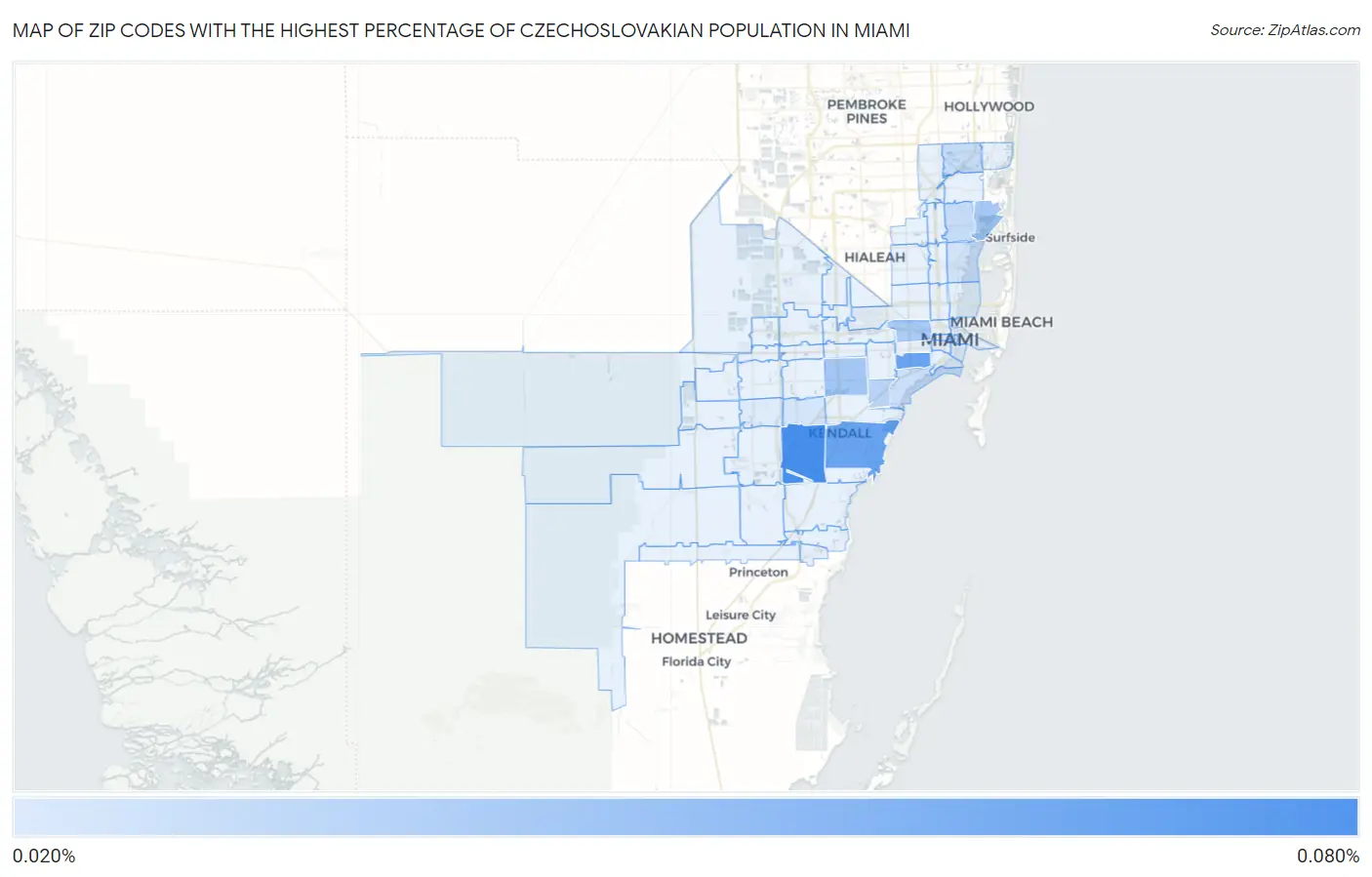 Zip Codes with the Highest Percentage of Czechoslovakian Population in Miami Map