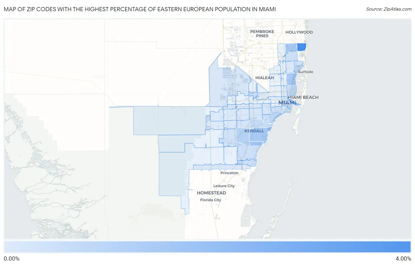 Zip Codes with the Highest Percentage of Eastern European Population in Miami Map