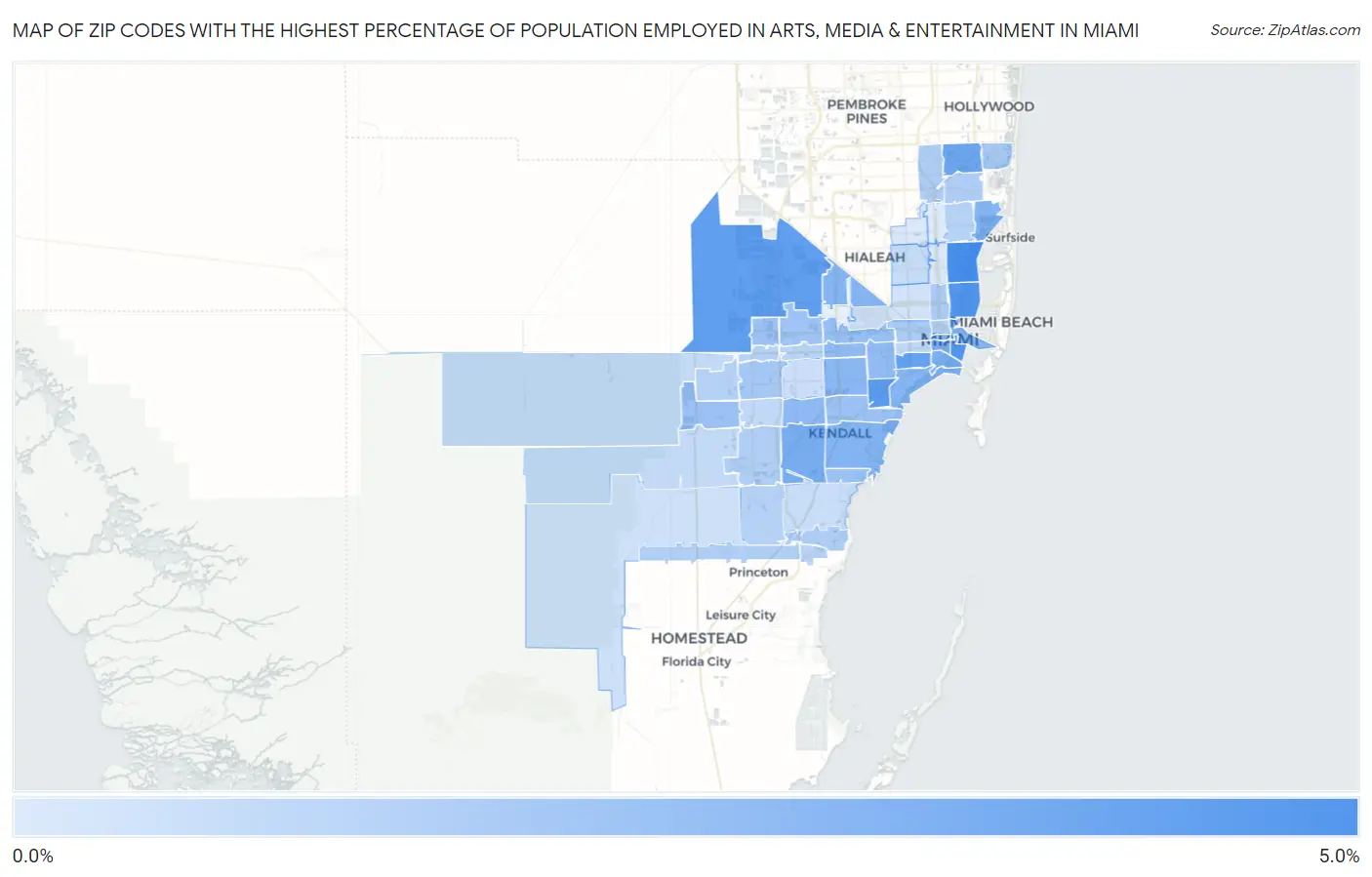 Zip Codes with the Highest Percentage of Population Employed in Arts, Media & Entertainment in Miami Map