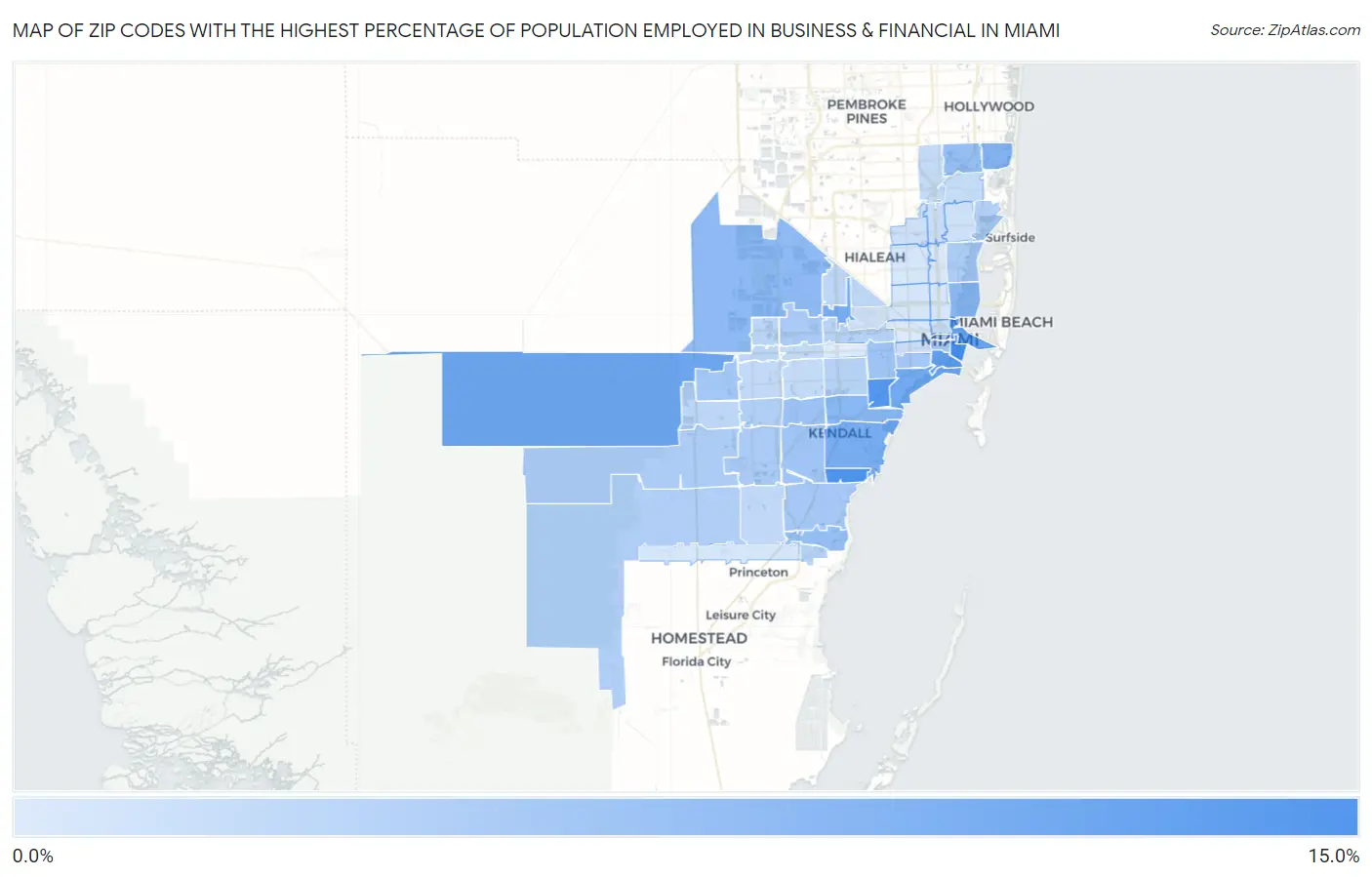 Zip Codes with the Highest Percentage of Population Employed in Business & Financial in Miami Map