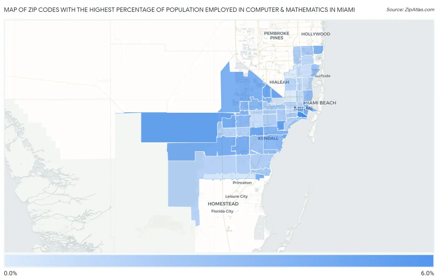 Zip Codes with the Highest Percentage of Population Employed in Computer & Mathematics in Miami Map